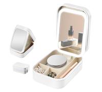 Travel Makeup Bag with Mirror, 3 Colors Adjustable Portable Makeup Box with Dividers Cosmetic Bags LED Light Cosmetic Case Vanity Organiser Case Storage Box for Women to Store Brushes Lipstick (White)