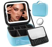 Travel Makeup Bag with Mirror and Lights, Makeup Case with Lighted Mirror 3 Color Lights Adjust Brightness, Travel Cosmetic Case Makeup Organizer Bag with Adjustable Dividers & Brushes Holder(Blue)
