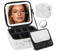 Travel Makeup Bag with Mirror and Lights, Makeup Case with Lighted Mirror 3 Color Lights, Travel Cosmetic Case Makeup Organizer Bag with Adjustable Dividers & Brushes Holder(Marble)