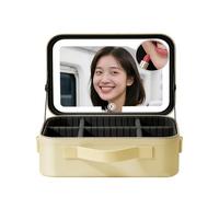 Travel Makeup Bag with Mirror Makeup Case Make Up Organiser Box with Adjustable Compartment Vanity Case Portable Cosmetic Bag Brightness in 3 Color Modes LED Light Mirror