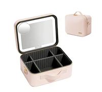 Travel Makeup Bag with Mirror Makeup Case Make Up Organiser Box with Adjustable Compartment Vanity Case Portable Cosmetic Bag Brightness in 3 Color Modes LED Light Mirror