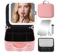 Travel Makeup Bag with Removable Mirror, Cosmetic Organizer Bag with Mirror, 360° Angle Stand, 3 Colors Dimmable Lighted Makeup Case, PU Leather Makeup Train Case with Adjustable Dividers/Brush Holder