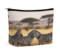 Travel Makeup Bags PU Leather Africa Grassland Zebra Cosmetic Bag with Zipper Large Toiletry Bag for Women Waterproof Portable Makeup Case Organizer Cute Zipper Pouch Make Up Bags