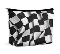Travel Makeup Bags PU Leather Black White Checkered Flags Cosmetic Bag with Zipper Large Toiletry Bag for Women Waterproof Portable Makeup Case Organizer Cute Zipper Pouch Make Up Bags