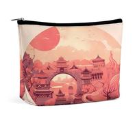 Travel Makeup Bags PU Leather Chinese Architectural Patterns Cosmetic Bag with Zipper Large Toiletry Bag for Women Waterproof Portable Makeup Case Organizer Cute Zipper Pouch Make Up Bags