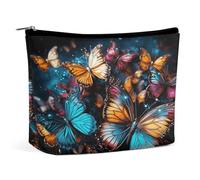 Travel Makeup Bags PU Leather Colorful Butterflies Flying Around on Black Background Cosmetic Bag with Zipper Large Toiletry Bag for Women Waterproof Portable Makeup Case Organizer Cute Zipper Pouch M