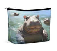 Travel Makeup Bags PU Leather Cute Hippos Cosmetic Bag with Zipper Large Toiletry Bag for Women Waterproof Portable Makeup Case Organizer Cute Zipper Pouch Make Up Bags