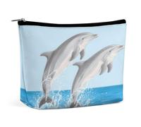 Travel Makeup Bags PU Leather Dolphins Flying and Playing Cosmetic Bag with Zipper Large Toiletry Bag for Women Waterproof Portable Makeup Case Organizer Cute Zipper Pouch Make Up Bags