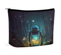 Travel Makeup Bags PU Leather Fireflies and Lantern Cosmetic Bag with Zipper Large Toiletry Bag for Women Waterproof Portable Makeup Case Organizer Cute Zipper Pouch Make Up Bags