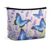 Travel Makeup Bags PU Leather Flying Blue Butterfly Cosmetic Bag with Zipper Large Toiletry Bag for Women Waterproof Portable Makeup Case Organizer Cute Zipper Pouch Make Up Bags