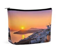 Travel Makeup Bags PU Leather Greece Island Sunset Landscape Cosmetic Bag with Zipper Large Toiletry Bag for Women Waterproof Portable Makeup Case Organizer Cute Zipper Pouch Make Up Bags