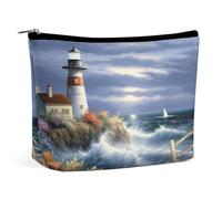 Travel Makeup Bags PU Leather Lighthouse Diamond Painting Cosmetic Bag with Zipper Large Toiletry Bag for Women Waterproof Portable Makeup Case Organizer Cute Zipper Pouch Make Up Bags