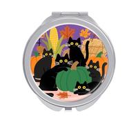 Travel Makeup Mirror with 1X/2X Magnifying, 2.4" Compact Double-Sided Folding Mirrors, Black Cat Halloween Pumpkin Pocket Mirror for Women & Men, Durable Metal Frame