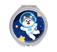 Travel Makeup Mirror with 1X/2X Magnifying, 2.4" Compact Double-Sided Folding Mirrors, Cute Husky Astronauts on Space Pocket Mirror for Women & Men, Durable Metal Frame