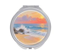 Travel Makeup Mirror with 1X/2X Magnifying, 2.4" Compact Double-Sided Folding Mirrors, Sunset Beach Ocean Pocket Mirror for Women & Men, Durable Metal Frame