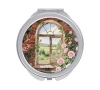 Travel Makeup Mirror with 1X/2X Magnifying, 2.4" Compact Double-Sided Folding Mirrors, Vintage Arch Window Nature Garden Pocket Mirror for Women & Men, Durable Metal Frame