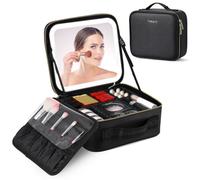 Travel Makeup Organizer With Led Mirror, Pu Cosmetic Case With Adjustable Dividers And Separate Brush Panel