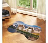Travel Mountain Scenery Bone-Shaped Absorbent Pet Feeding Mat, Printed Pu Leather Dog Food Mat Cat Bowl Mat With Non-Slip Rubber Backing,Waterproof