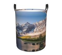 Travel Mountain Scenery Round Single-Layer Laundry Hamper With Full Wrap Print, Water-Resistant Polyester Fabric For Home Car Storage
