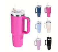 Travel Mug Coffee Cup 40oz Tumbler Straw Lid and Handle, Stainless Steel Insulated Water Bottle - Leakproof, Insulated Water Bottle with Handle and Straw Cup for Home, Office, Car, Travel (pink)