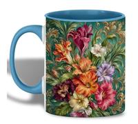 Travel Mug Tropical Hibiscus or Teal Gold Ceramic Coffee Mug Hot Cocoa | 330ML Coffee Mugs Personalised Drinking Cup for Office New Home Women