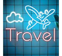 Travel Neon Sign, LED Dimmable Airplane Light Up Sign USB Powered for Wall Decor, Travel Neon Lights for Agency Bedroom Bar Man Cave Living Room Party