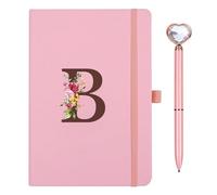 Travel Notebook PU Leather with Pen Diamond Pink Heart Writing Notebook A5 Initial Diary Notebooks for Women Girl Birthday Easter Mother's Day Gift for Friend Students (B)