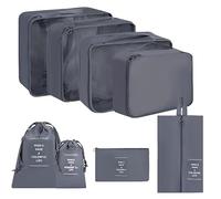 Travel Packing Cubes 8-Piece Set - Zippered Mesh Organiser Pouches with Drawstring Shoe Bag & Flat Pocket - Luggage Storage Bags for Underwear, Clothes, Accessories (Grey)