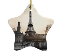 Travel Paris Christmas Ceramic Star Ornament with Hanging Cord, Double-Sided Print Hanging Decoration for Home & Tree