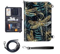 Travel Passport Wallet Passport,Family Passport Holder - Large Travel Passport Wallet Holder for Family Men Women, RFID Blocking,Lightweight Portable with Zipper Pocket, Gold dragonfly is flying