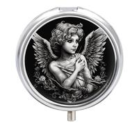 Travel Pill Box Organiser Small Pill Boxes,Angel Portrait Print Round Cute Metal Pill Case 3 Compartment Portable Daily Tablet Box for Purse & Pocket