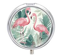 Travel Pill Box Organiser Small Pill Boxes,Cartoon Flamingo Leaves Print Round Cute Metal Pill Case 3 Compartment Portable Daily Tablet Box for Purse & Pocket
