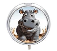 Travel Pill Box Organiser Small Pill Boxes,Cartoon Hippo Print Round Cute Metal Pill Case 3 Compartment Portable Daily Tablet Box for Purse & Pocket