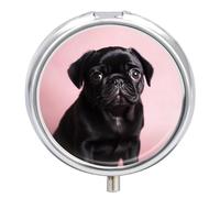 Travel Pill Box Organiser Small Pill Boxes,Cute Black Pug Print Round Cute Metal Pill Case 3 Compartment Portable Daily Tablet Box for Purse & Pocket