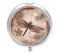 Travel Pill Box Organiser Small Pill Boxes,Dragonfly Bee Print Round Cute Metal Pill Case 3 Compartment Portable Daily Tablet Box for Purse & Pocket