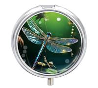 Travel Pill Box Organiser Small Pill Boxes,Dragonfly Green Print Round Cute Metal Pill Case 3 Compartment Portable Daily Tablet Box for Purse & Pocket
