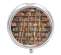 Travel Pill Box Organiser Small Pill Boxes,Funny Book Shelves Collection and Ladder Print Round Cute Metal Pill Case 3 Compartment Portable Daily Tablet Box for Purse & Pocket