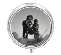 Travel Pill Box Organiser Small Pill Boxes,Gorilla in The Grass Print Round Cute Metal Pill Case 3 Compartment Portable Daily Tablet Box for Purse & Pocket