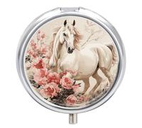 Travel Pill Box Organiser Small Pill Boxes,Horse Image Print Round Cute Metal Pill Case 3 Compartment Portable Daily Tablet Box for Purse & Pocket