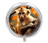 Travel Pill Box Organiser Small Pill Boxes,Monkey on Tree Print Round Cute Metal Pill Case 3 Compartment Portable Daily Tablet Box for Purse & Pocket