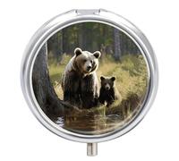 Travel Pill Box Organiser Small Pill Boxes,Mother Brown Bears Protect Print Round Cute Metal Pill Case 3 Compartment Portable Daily Tablet Box for Purse & Pocket