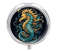 Travel Pill Box Organiser Small Pill Boxes,Seahorse Blue Pattern Print Round Cute Metal Pill Case 3 Compartment Portable Daily Tablet Box for Purse & Pocket