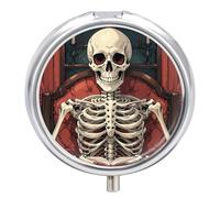 Travel Pill Box Organiser Small Pill Boxes,Skeleton Reading Print Round Cute Metal Pill Case 3 Compartment Portable Daily Tablet Box for Purse & Pocket