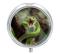 Travel Pill Box Organiser Small Pill Boxes,Snake Opens Its Mouth Print Round Cute Metal Pill Case 3 Compartment Portable Daily Tablet Box for Purse & Pocket