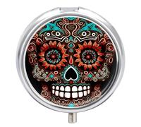 Travel Pill Box Organiser Small Pill Boxes,Sugar Skulls Day of The Dead Print Round Cute Metal Pill Case 3 Compartment Portable Daily Tablet Box for Purse & Pocket