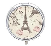 Travel Pill Box Organiser Small Pill Boxes,The Eiffel Tower Print Round Cute Metal Pill Case 3 Compartment Portable Daily Tablet Box for Purse & Pocket