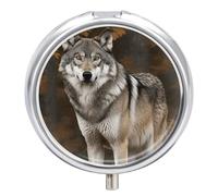Travel Pill Box Organiser Small Pill Boxes,Wild Wild Gray Wolf Print Round Cute Metal Pill Case 3 Compartment Portable Daily Tablet Box for Purse & Pocket