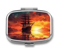 Travel Pill Case Small Pill Box Portable Pills Organizer with 2 Compartments A Sailing Boat on The Water Pocket Pills Container Fish Oil Box Cute Medicine Organizer Vitamin Organizers