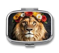 Travel Pill Case Small Pill Box Portable Pills Organizer with 2 Compartments African Lion Wearing A Flower on Its Head Pocket Pills Container Fish Oil Box Cute Medicine Organizer Vitamin Organizers