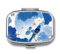 Travel Pill Case Small Pill Box Portable Pills Organizer with 2 Compartments Blue And White Chinese Style Flower And Bird Pocket Pills Container Fish Oil Box Cute Medicine Organizer Vitamin Organizers